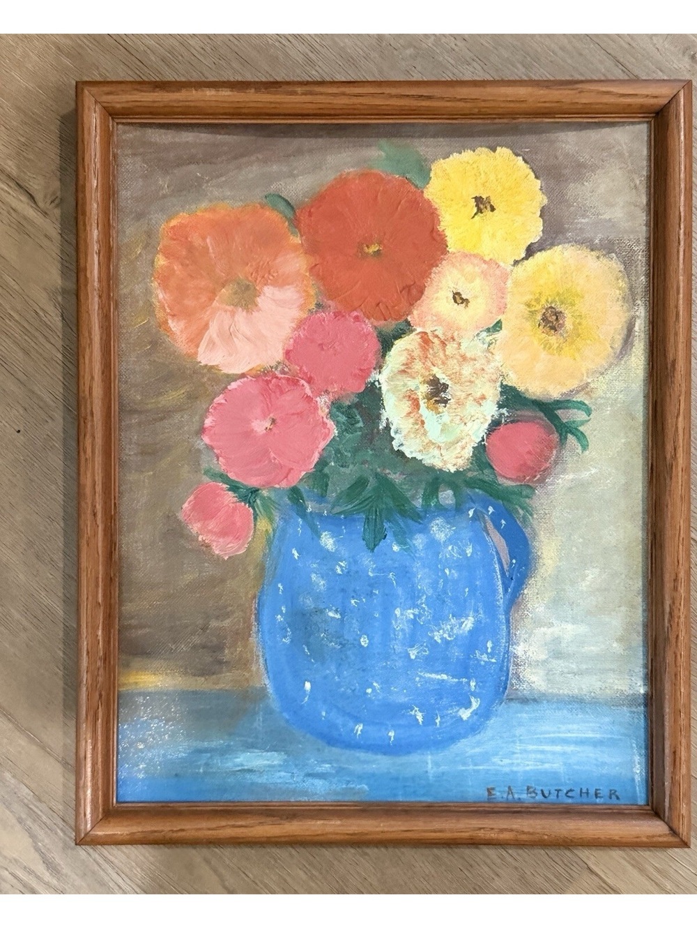 E.A. Butcher Floral Still Life Painting, Blue Vase, Framed, Signed